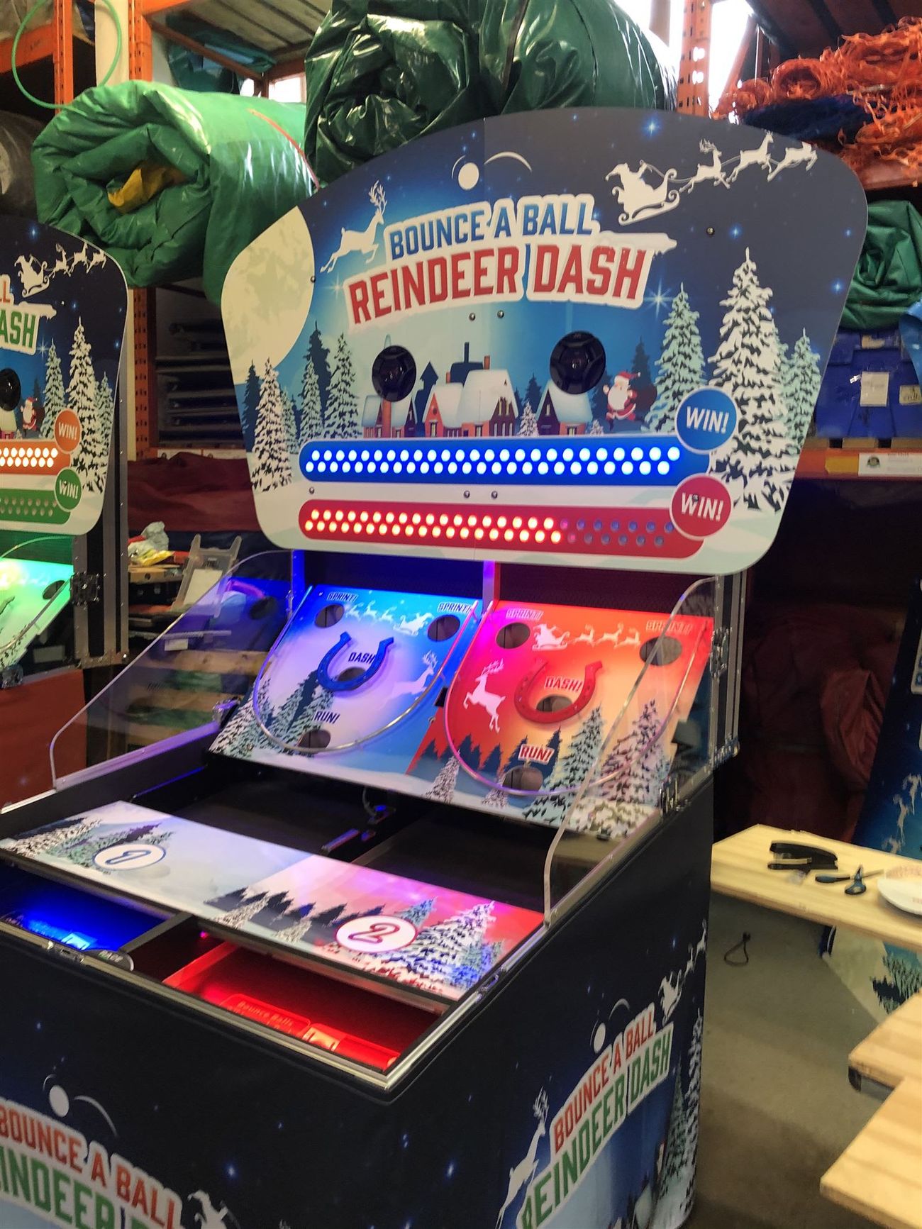 The two-player Bounce A Ball Reindeer Racing setup with both scoring lanes illuminated