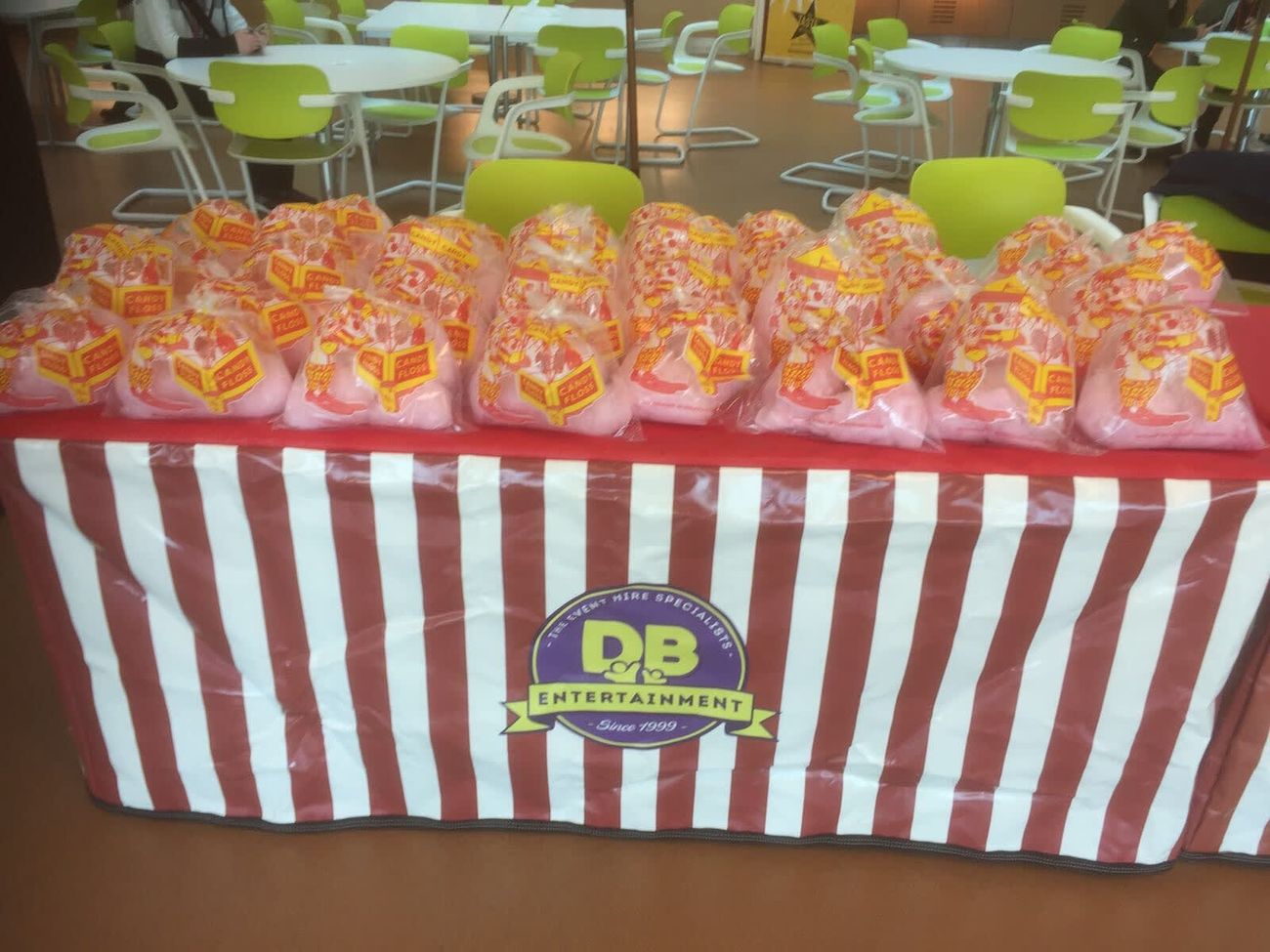 Candy floss stall set up alongside a vintage popcorn cart at an outdoor event