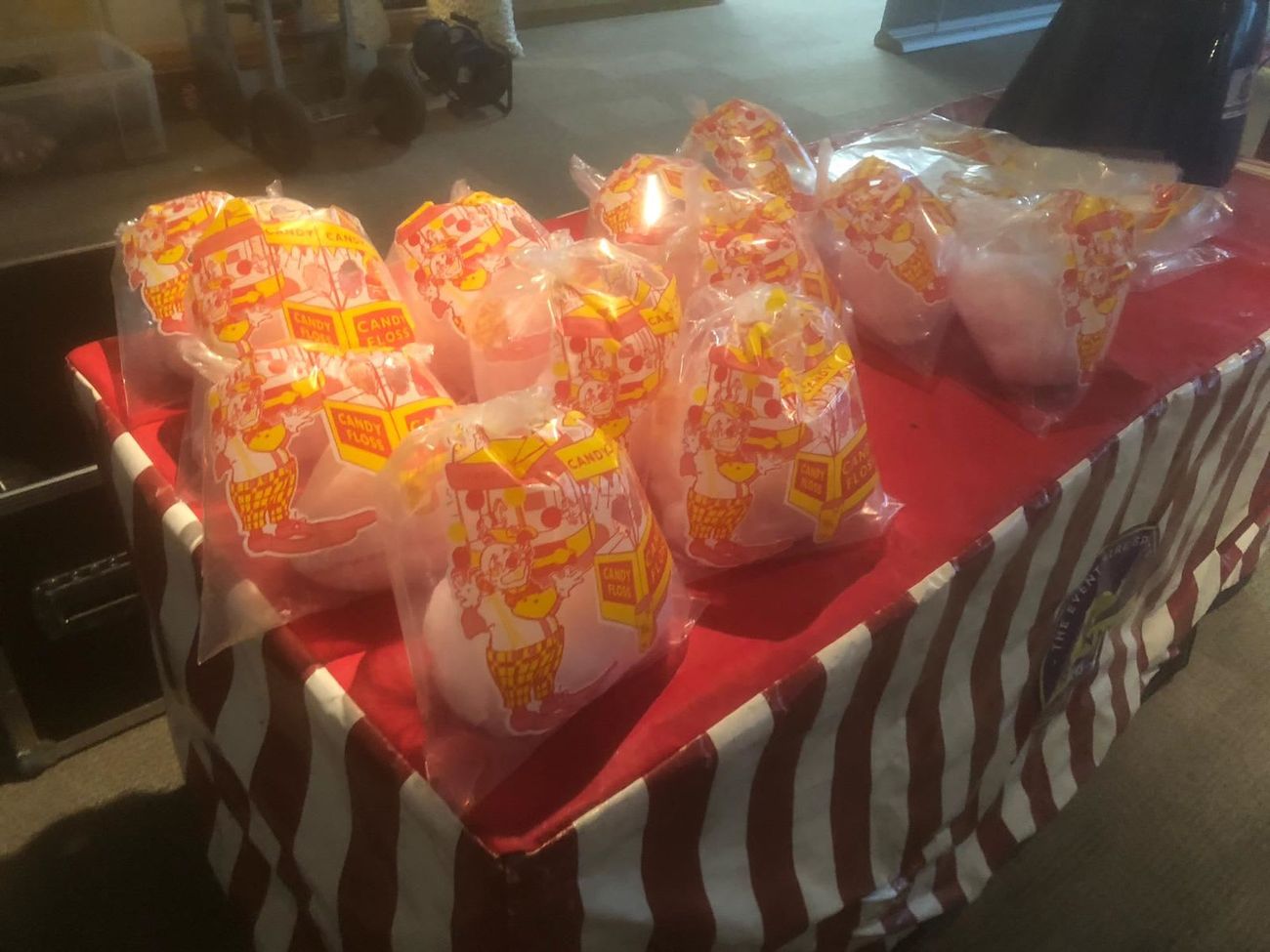 Blue candy floss portions for a themed event, laid out on the serving table