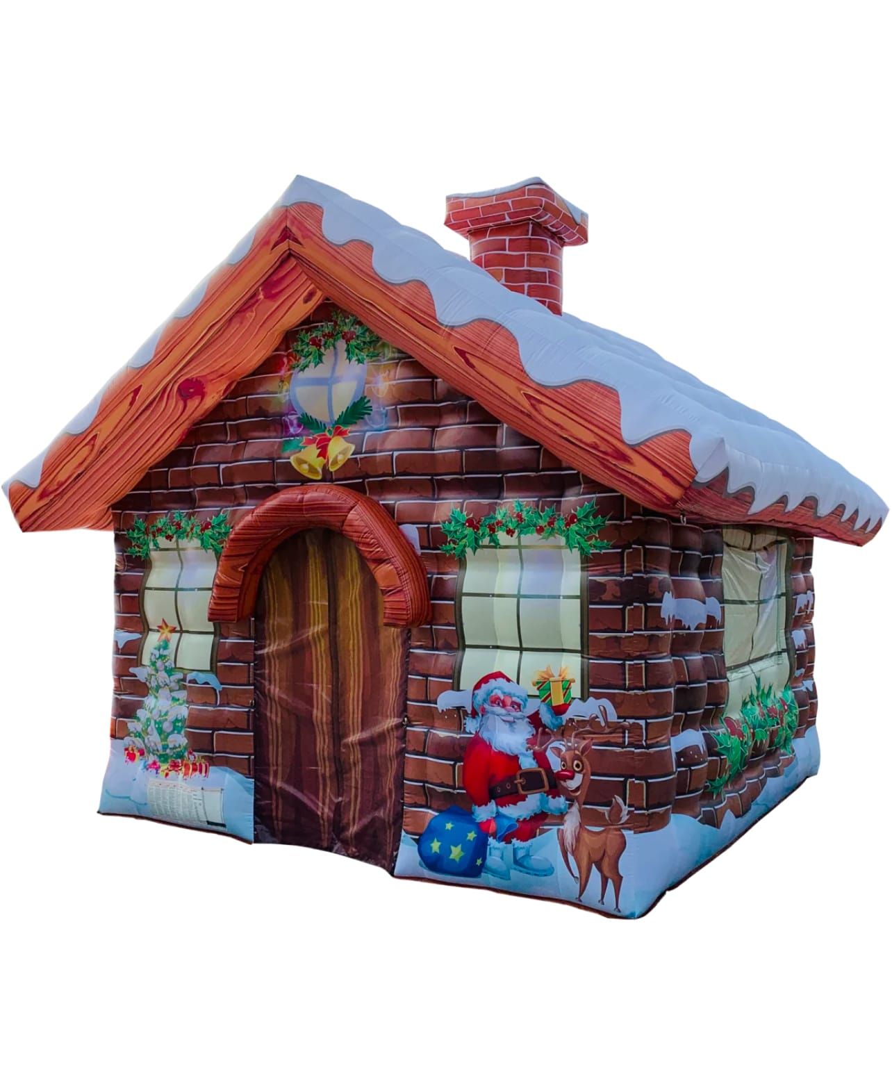 The inflatable Santa's grotto cottage with snow-capped roof, painted brick walls and a Father Christmas and reindeer print