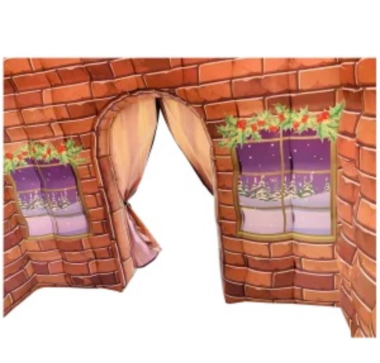 The Deluxe Santa's Grotto interior seen through the arched doorway, with painted snowy window views