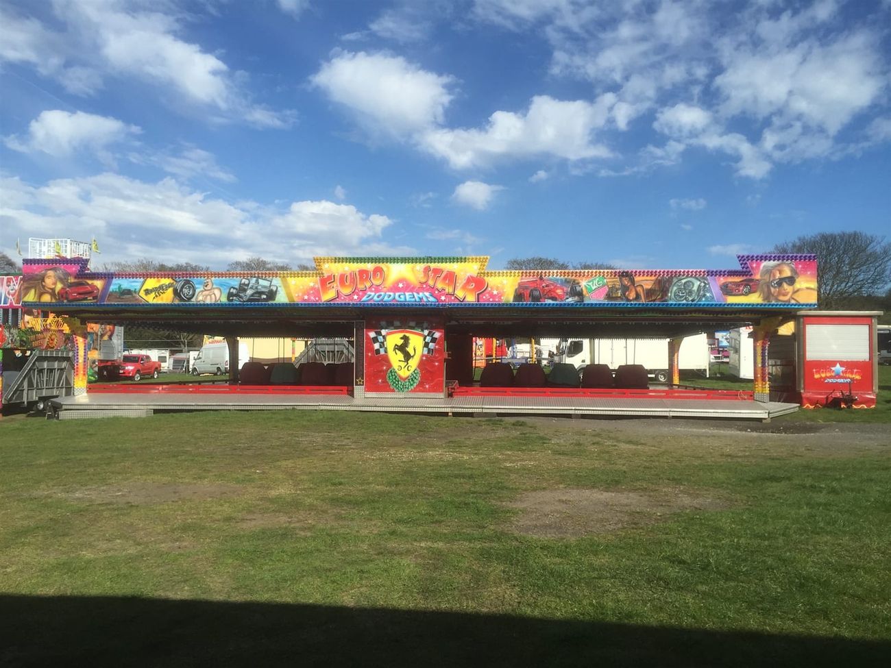 Full Euro Star Dodgems frontage with painted motoring panels, central horse shield and control booth