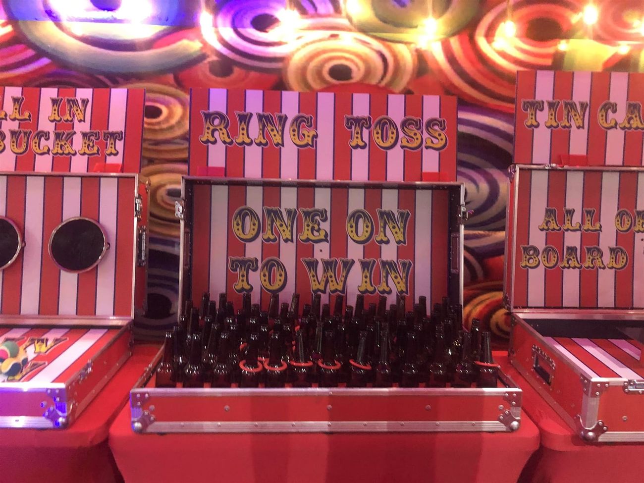 Ring Toss bottles packed into the red flight case, ready to play