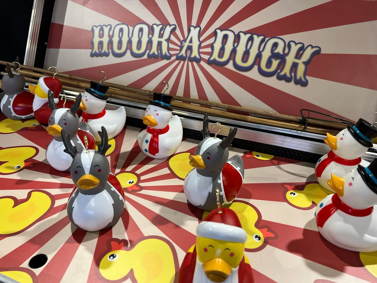 The dry Hook-a-Duck game board with its Hook A Duck lettering and ducks sitting in place
