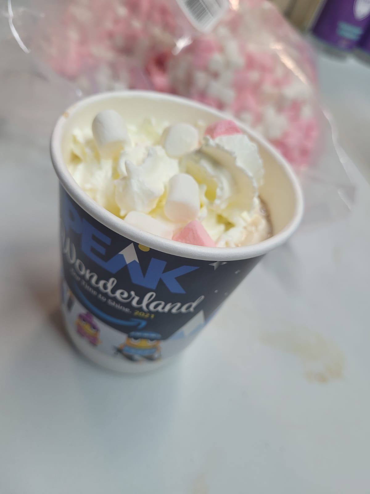 Close-up of a hot chocolate cup ready to serve