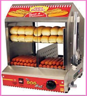 Stainless steel hot dog steamer with glass front panels and red promotional graphics