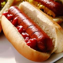 Close-up of a jumbo Frankfort hot dog in a giant bun