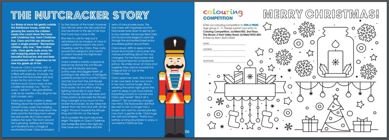 The Nutcracker Trail booklet spread showing the Nutcracker story and colouring competition page