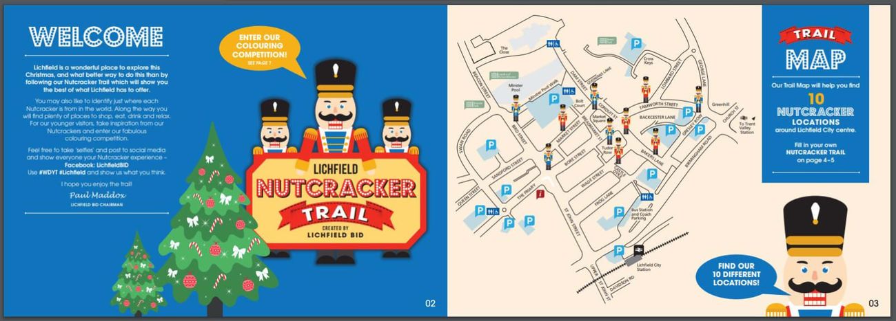 The Nutcracker Trail welcome page and city-centre map with nutcracker locations marked