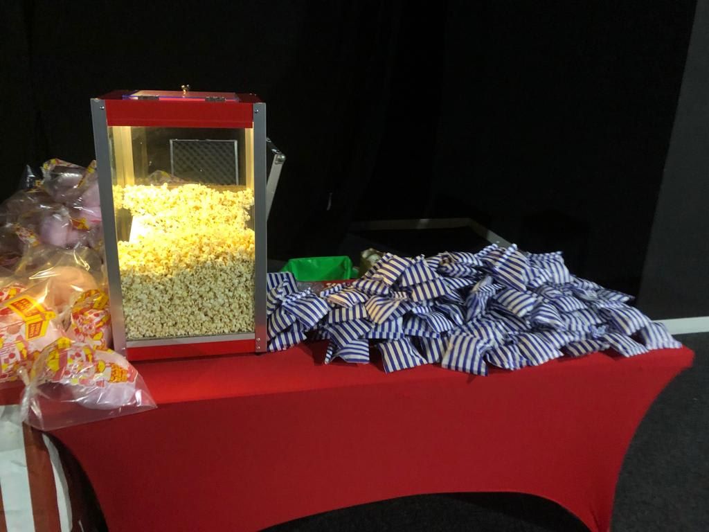 The serving setup with bags laid out and the cart ready for the queue