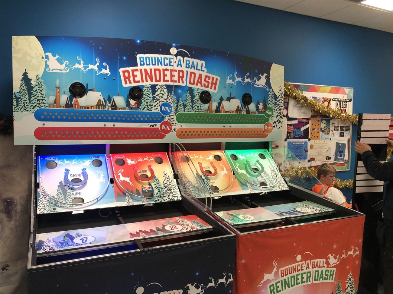 The four-lane Roll A Ball Reindeer Racing unit with its illuminated title backboard